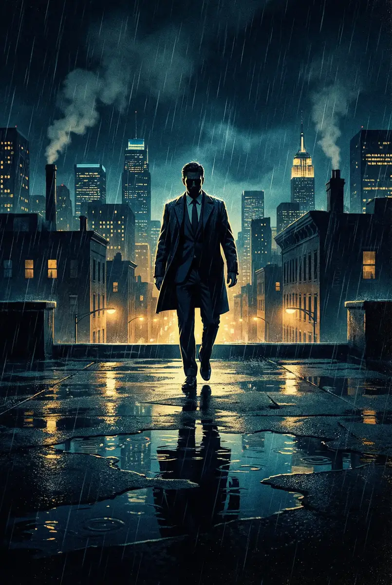 新任女教师百度影音 出品影片《雨夜独行者》海报，雨中城市屋顶男性剪影